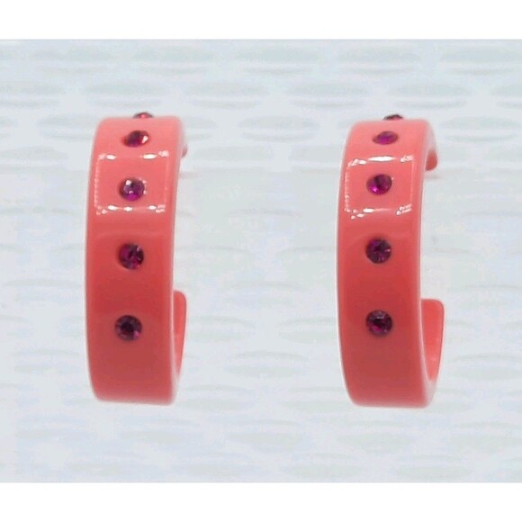 Vintage 1980s Pink Fushia Chunky Acrylic Rhinestone C Hoop Lightweight Earrings - Picture 3 of 5